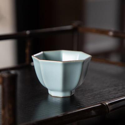 德化陶瓷单茶杯满75ml半哑光精工汝窑天青色八仙杯主人杯中容量
