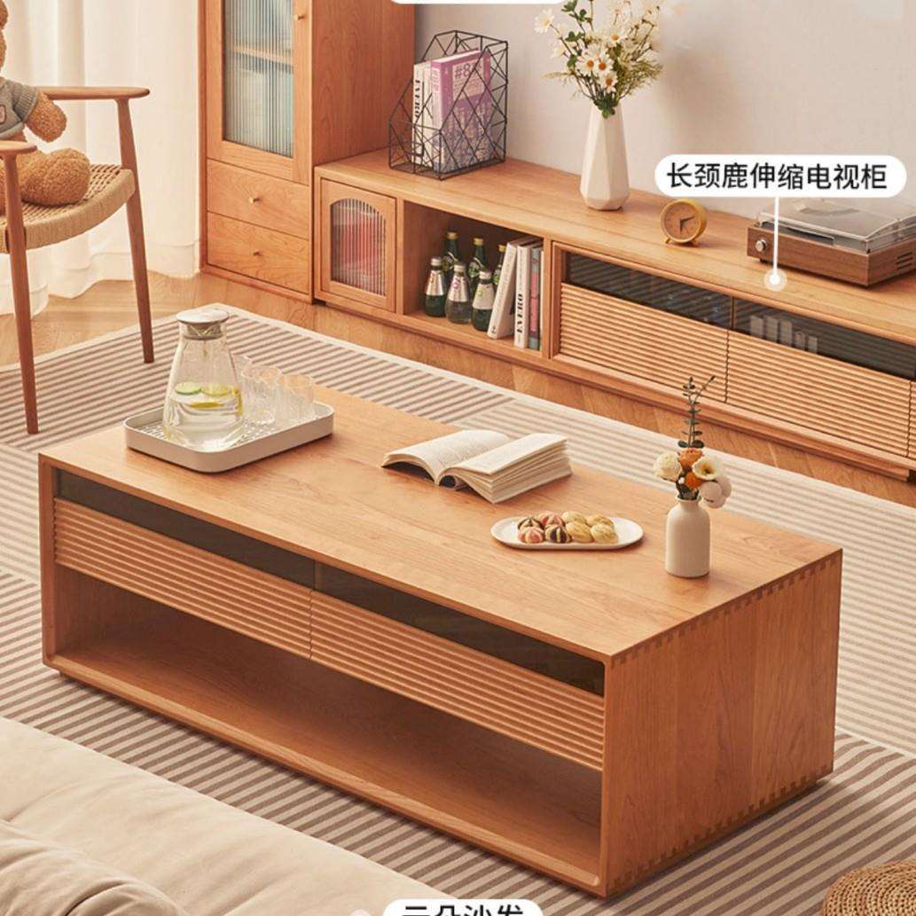 北欧实木茶几 家用小户型落地带抽屉收纳边几客厅简约原木储物柜