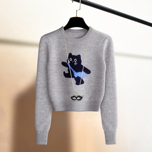 外穿宽松高腰上衣 保暖打底针织衫 刺绣加厚长袖 套头毛衣女秋冬新款