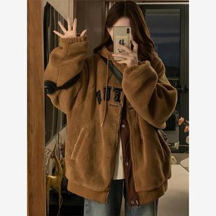 大码胖mm双面穿棒球服羊羔毛外套女冬季加厚加绒美式覆古棉服棉袄