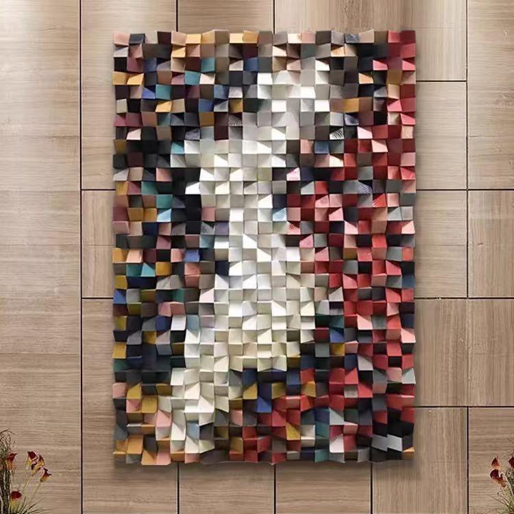高端马赛克实木头手工装置画立体客厅装饰画餐厅壁画玄关挂画