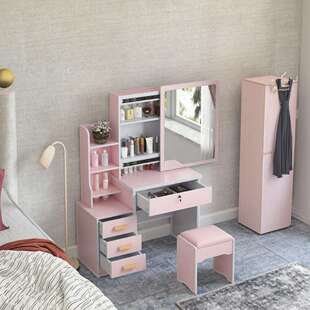 梳妆台简约经济型卧室化妆桌收纳柜粉色化妆台带灯推拉镜子化妆柜