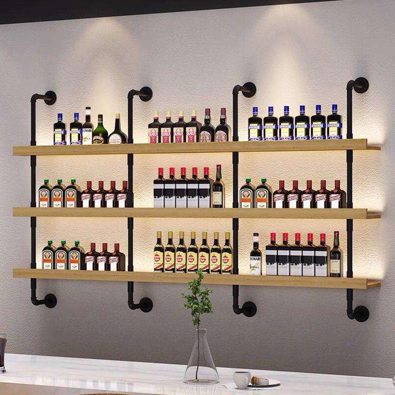 新款墙上酒架餐厅酒吧烧烤店吧台壁挂式靠墙铁艺多层实木置物架子