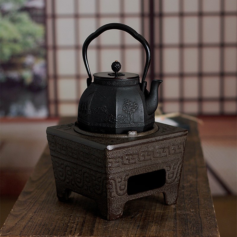古风茶道铸铁炭炉四圣兽围炉煮茶炉木碳炉子功夫茶具风炉火钵凉炉