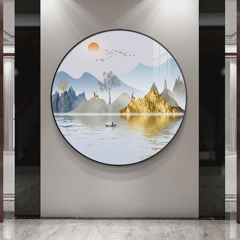轻奢新中式玄关装饰画现代风景禅意书房挂画客厅过道山水圆形壁画图片