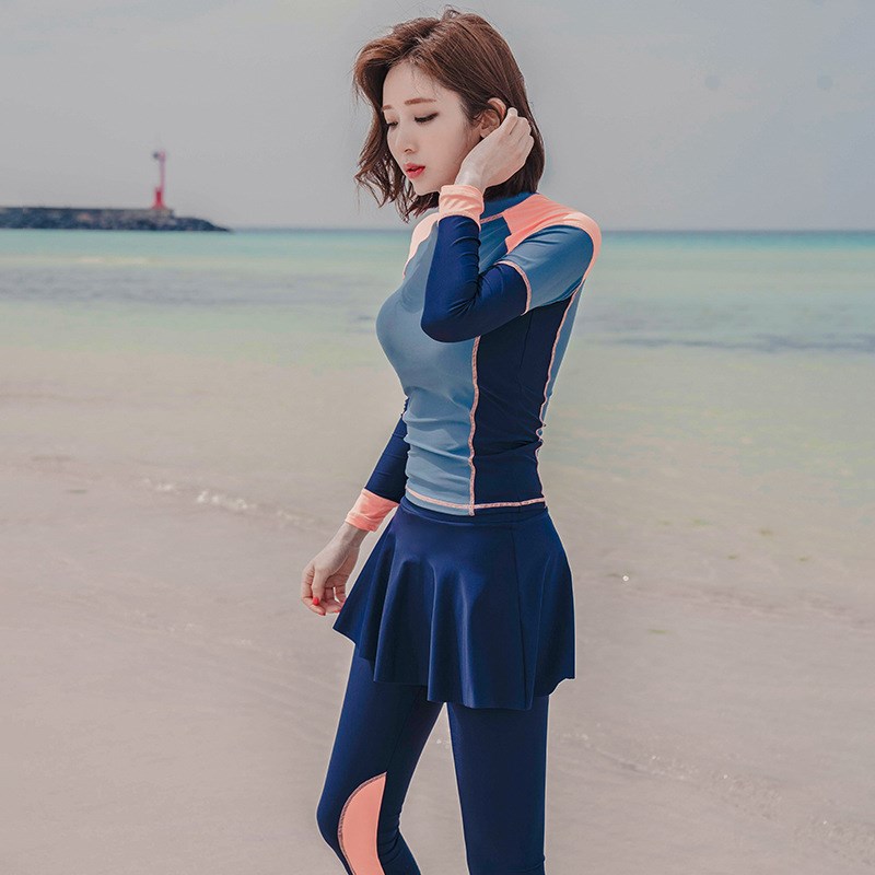 泳衣女分体裙式四件套大码保守遮肚显瘦时尚拼色温泉浮潜游泳衣