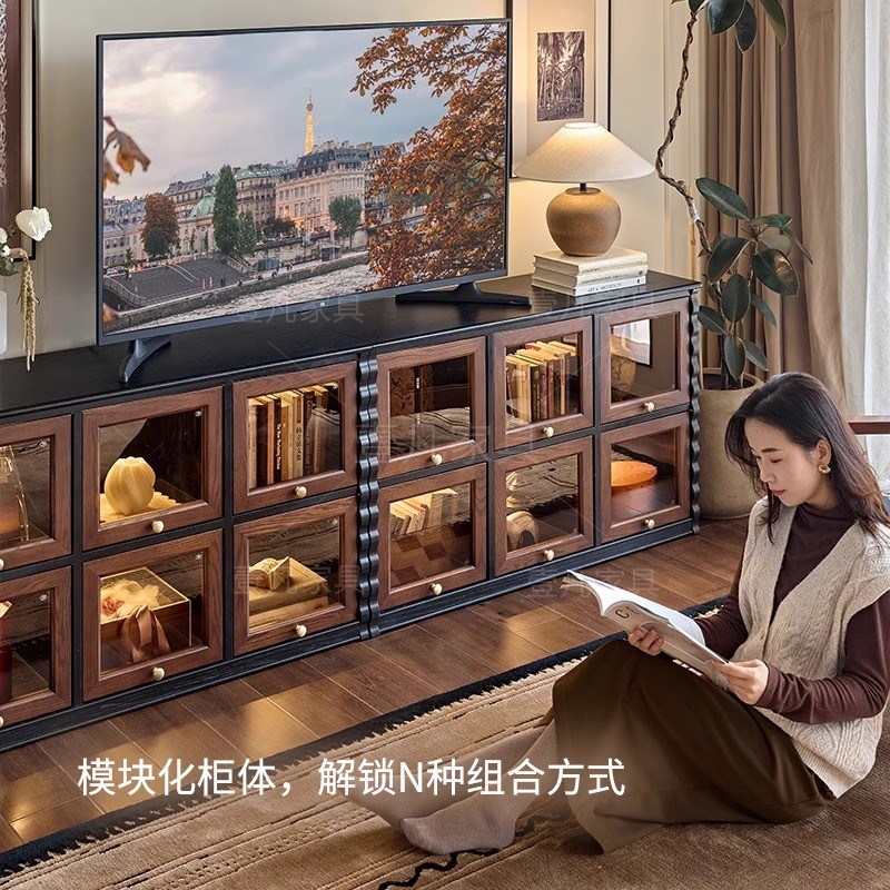 法式中古风客厅实木电视机柜模块化组合展示柜复古落地柜