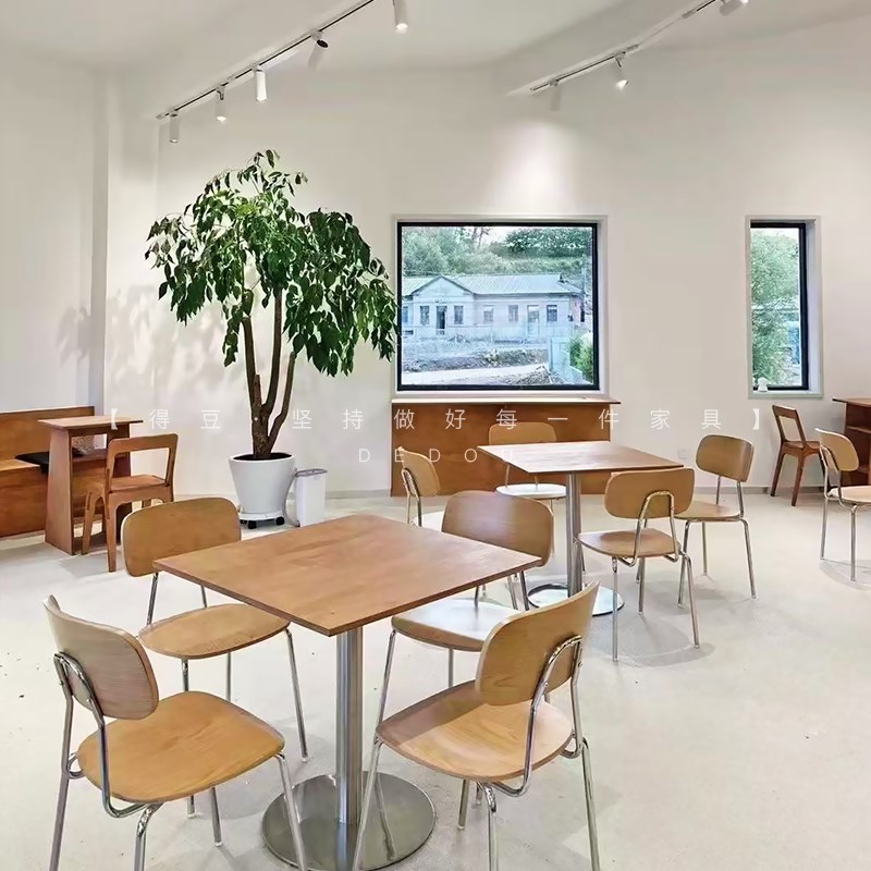 原木风咖啡厅海洋板桌椅组合奶茶甜品店商用实木餐桌简约小方桌子
