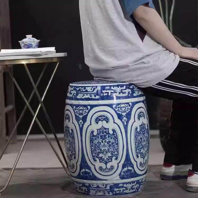 新中式青花瓷古典陶瓷鼓墩 陶瓷鼓凳绣墩外贸瓷凳子欧美式换鞋凳