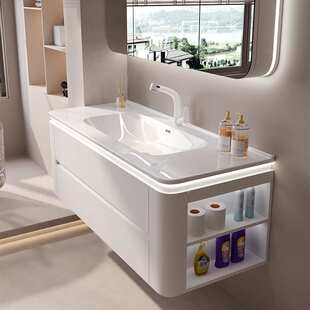 双抽侧面储物浴室柜陶瓷一体盆洗漱台卫生间洗脸盆柜组合白色北欧