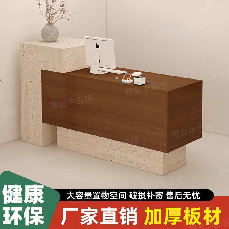 轻奢风格仿大理石收银台E1级环保刻面人造板带穿线孔服装店长桌