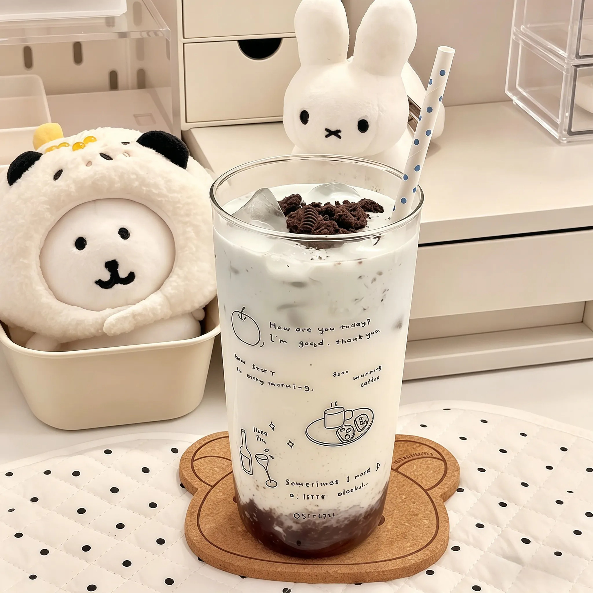 简约英文涂鸦咖啡玻璃杯韩系ins风大容量高硼硅玻璃果汁牛奶杯