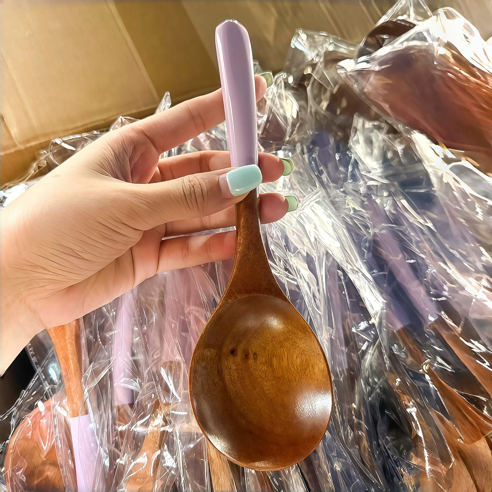 一人食餐具！彩色柄饭勺木勺长柄勺嗦粉勺家用厨房吃饭勺子拉面勺