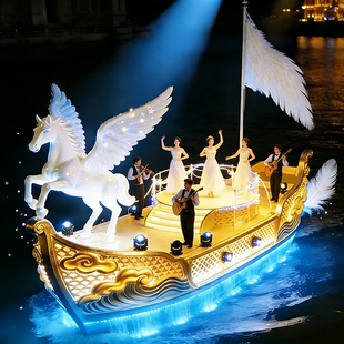 定制彩船制作设计巡游花船生肖马玻璃钢雕塑景区花灯船泡沫造型