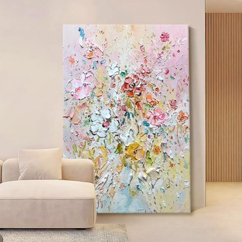 法式奶油风装饰画玄关抽象花卉厚肌理壁画客厅手绘油画高级感挂画