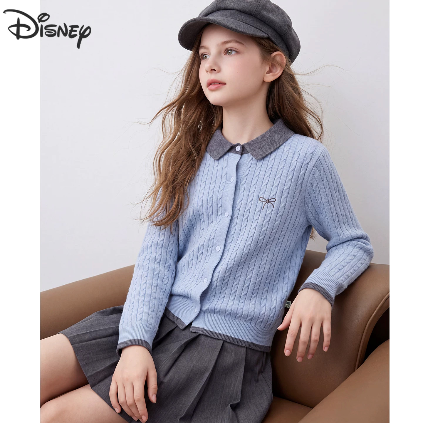 Disney女童毛衣学院开衫儿童秋冬新款针织打底衫大童衣青少年童装
