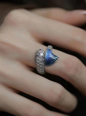 S925银d个性复古锦鲤戒指男女民族风泰银开口可调节创意食指指环