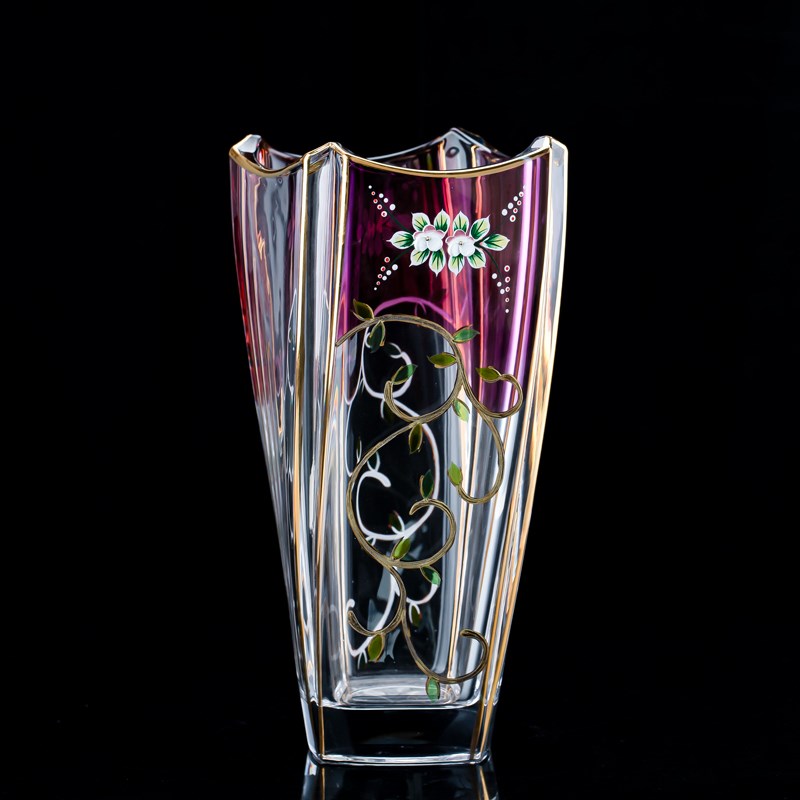 轻奢欧式水晶玻璃高身花瓶紫色珐琅方形鲜花瓶客厅X台面装饰花器