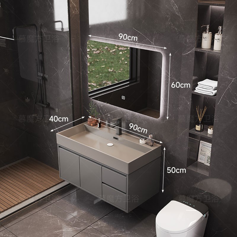 轻奢灰双龙头一体盆浴室柜组合小户型卫生间洗M漱台40cm宽洗手脸