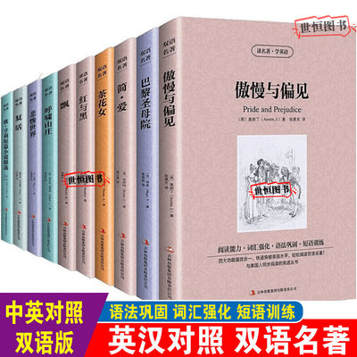 世界十大名著双语正版【全10册】中英对照 英语小说经典文学 简爱傲慢与偏见飘巴黎圣母院悲惨世界呼啸山庄茶花女复活红与黑 英汉