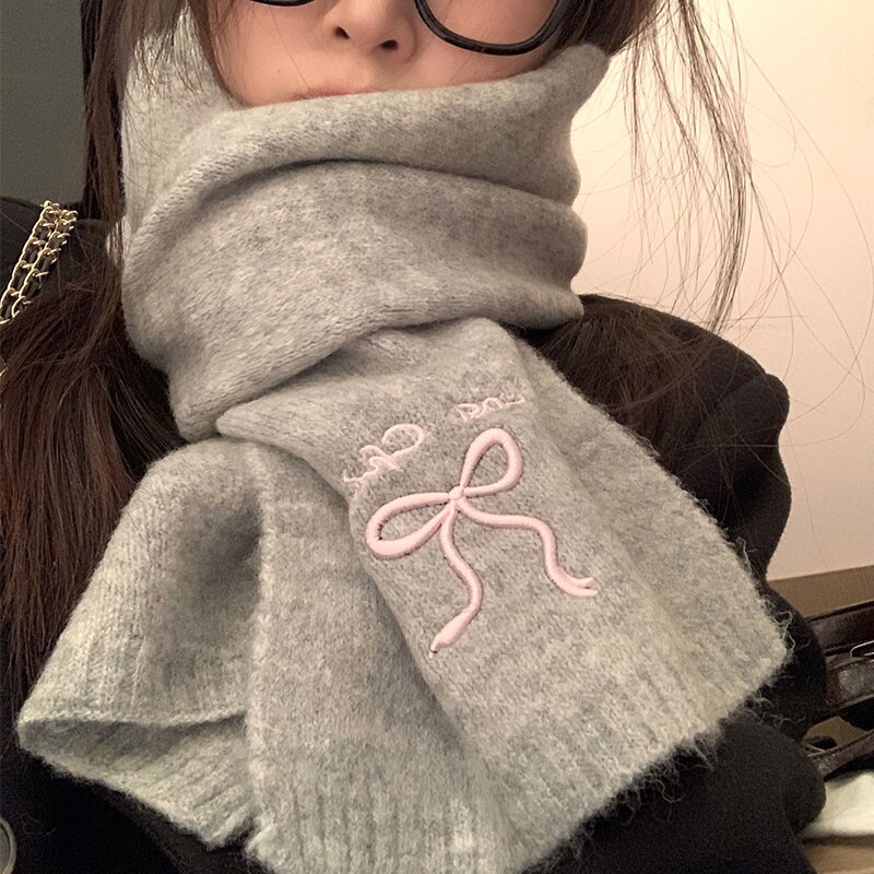 可爱蝴蝶结围巾冬季女2025新款氛围感灰色小巧保暖护颈针织围脖冬