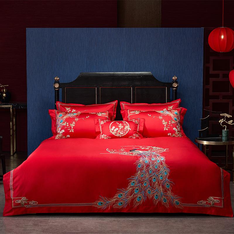 国风新中式丨婚庆风S100澳棉四件套大红色婚嫁结婚套件长绒棉刺绣