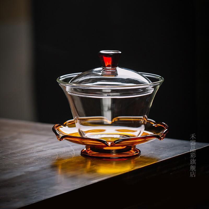 禾器荷叶盖碗高档耐热玻璃防烫三才盖碗泡茶碗泡茶杯大号茶具
