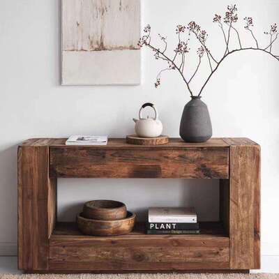 美式乡村风整体实木边柜玄关柜简约抽屉边柜置物架老榆木茶水柜