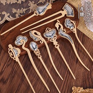 宋锦手工diy发簪古典合金底胚带盖凹槽贴皮发钗包布底托发饰配件