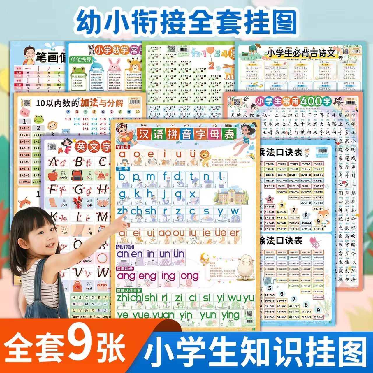 幼小衔接知识挂图九张数学语文英语早教墙贴高清幼儿小学通用学习