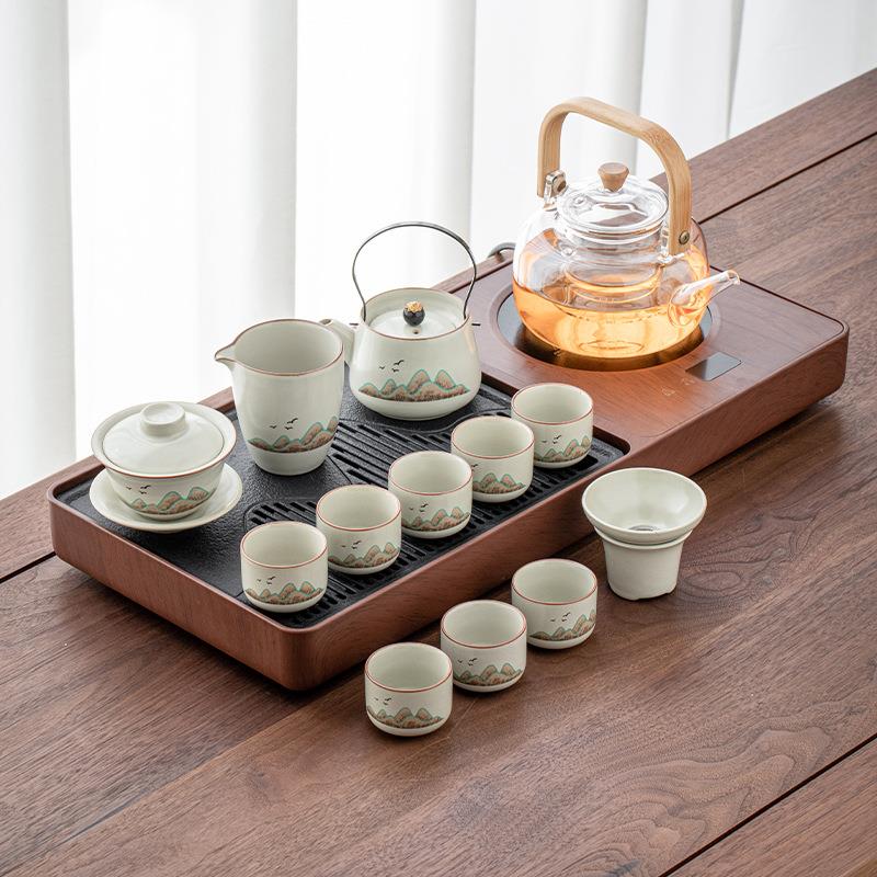 汝窑茶具家用泡茶盖碗茶杯套装小茶台一体玻璃烧水壶煮茶整套茶盘