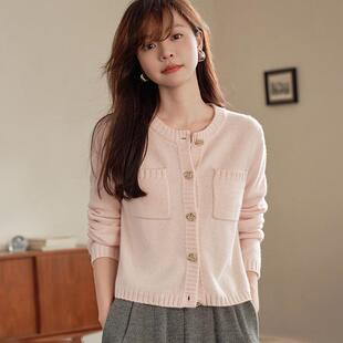 秋冬新款七针双股加厚100纯山羊绒开衫女士经典圆领减龄短款外套