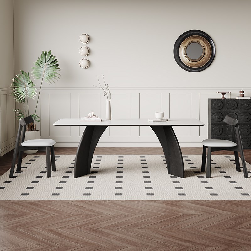 法式复古纯c白岩板餐桌现代简约白蜡木家用饭桌长方形黑色实木餐