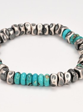 破银覆古堆叠8毫米手n工打银盘包裹925银高级绿松石手炼嘻哈男子