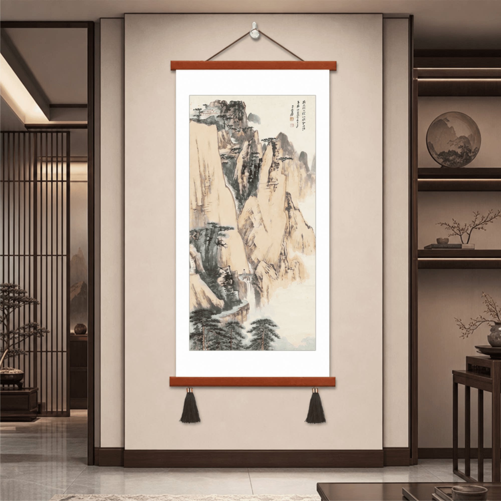张大千手绘复刻新中式山水画玄关装饰挂画客厅走廊过道竖版壁画