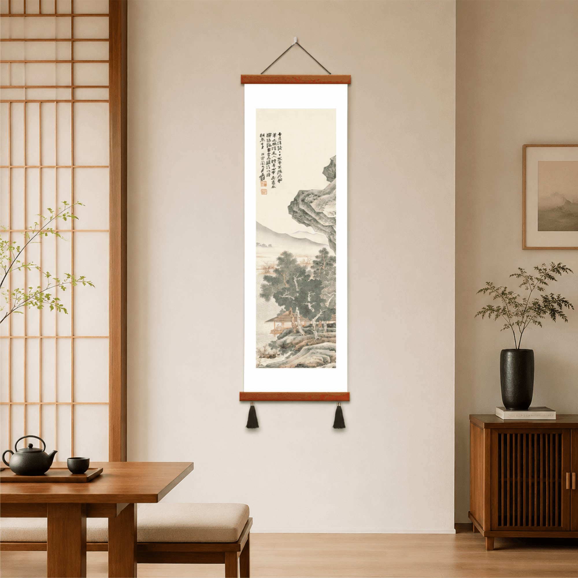 张大千风格新中式茶室玄关山水国画挂画禅意书房客厅背景墙装饰画