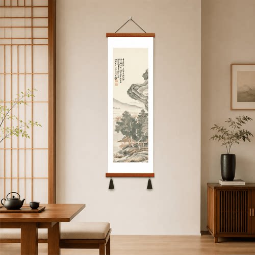 张大千风格新中式茶室玄关山水国画挂画禅意书房客厅背景墙装饰画
