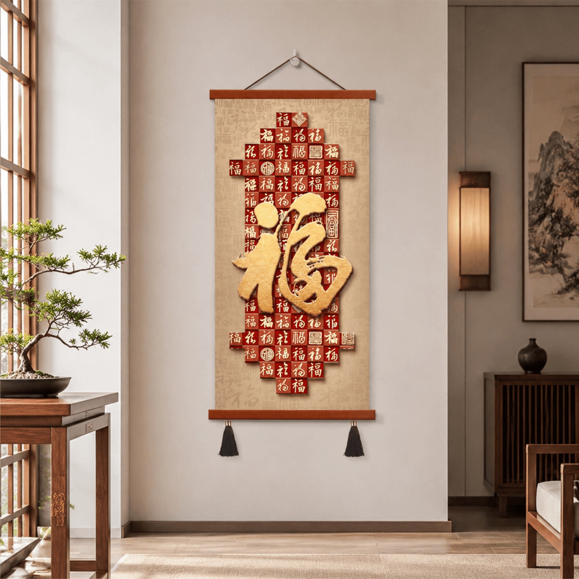 新中式百福图玄关装饰画过道走廊客厅墙面福字挂画大气喜庆家居饰