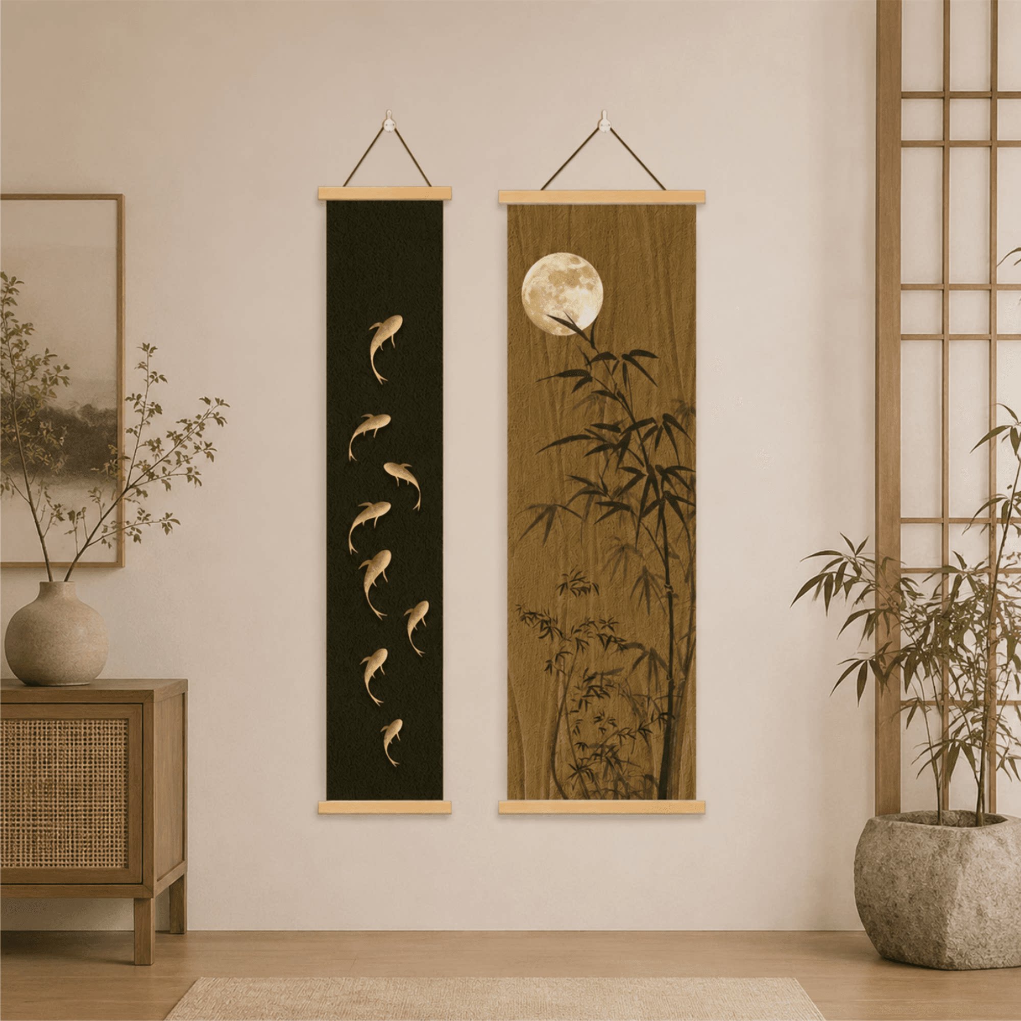 轻奢复古风新中式九条鱼竹月双联挂画客厅玄关茶室书房墙面装饰画