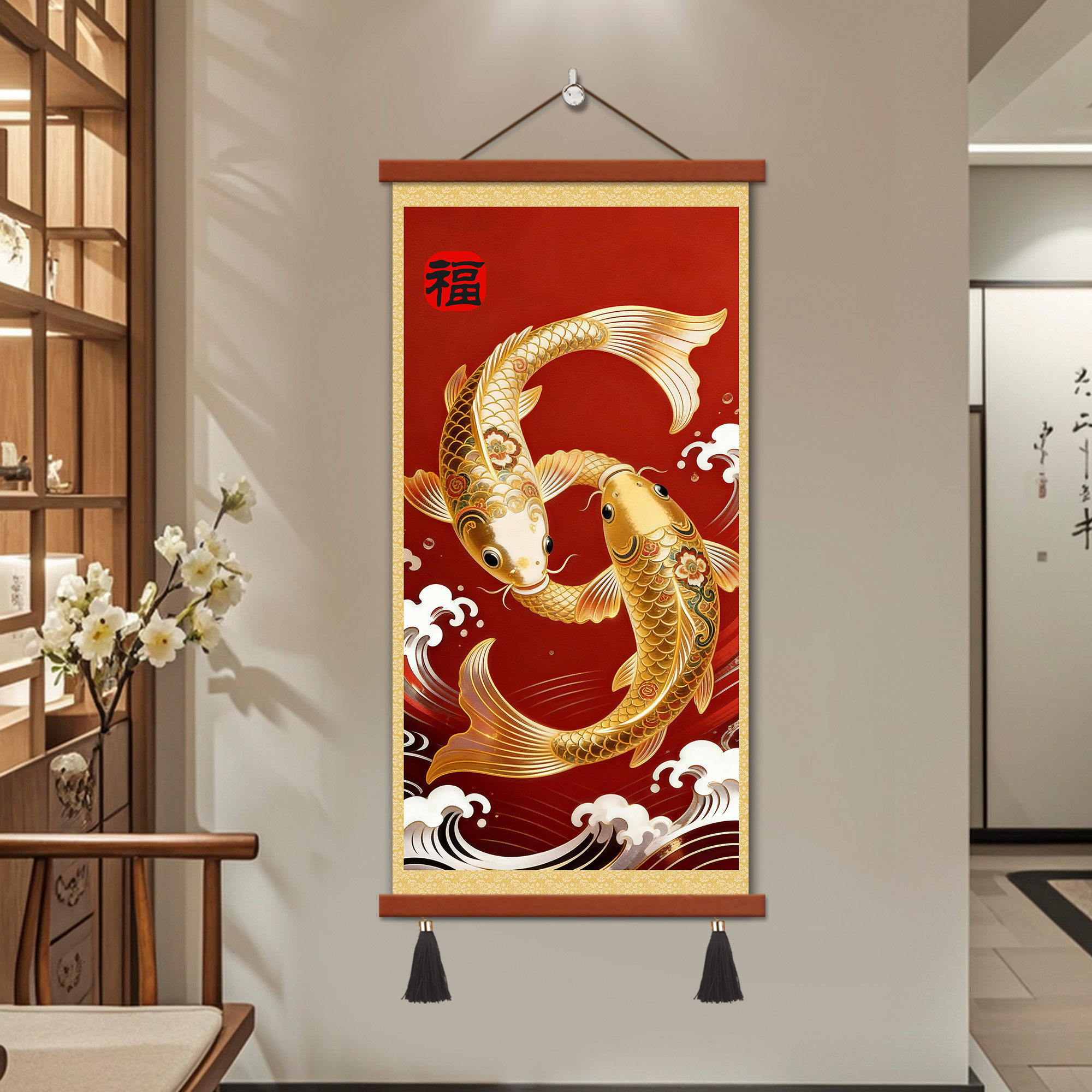 招财锦鲤送福风水装饰画新年喜庆年年有余卷轴挂画年画玄关贴画