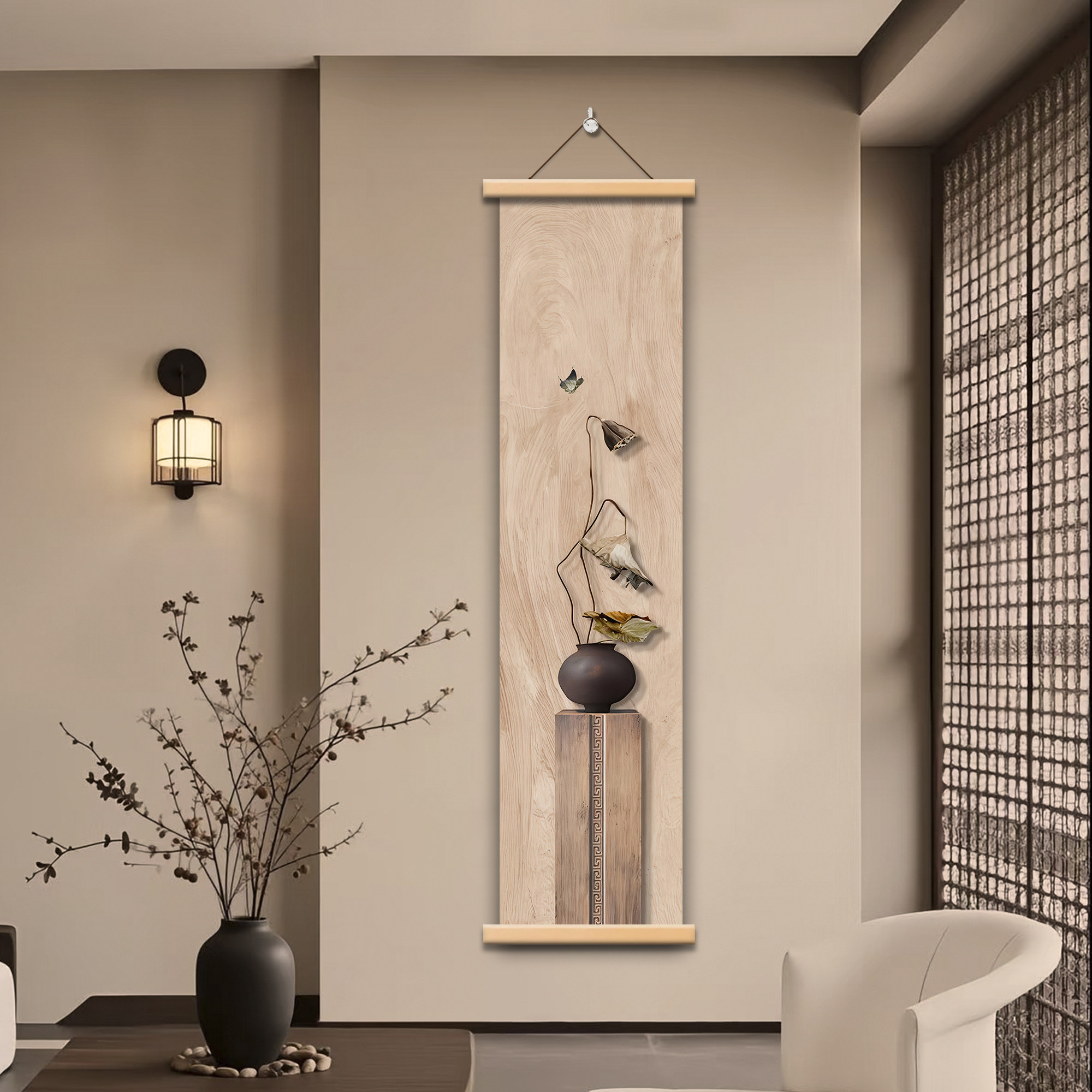 现代简约竖版挂画客厅装饰画松木边框高清油画布艺术画