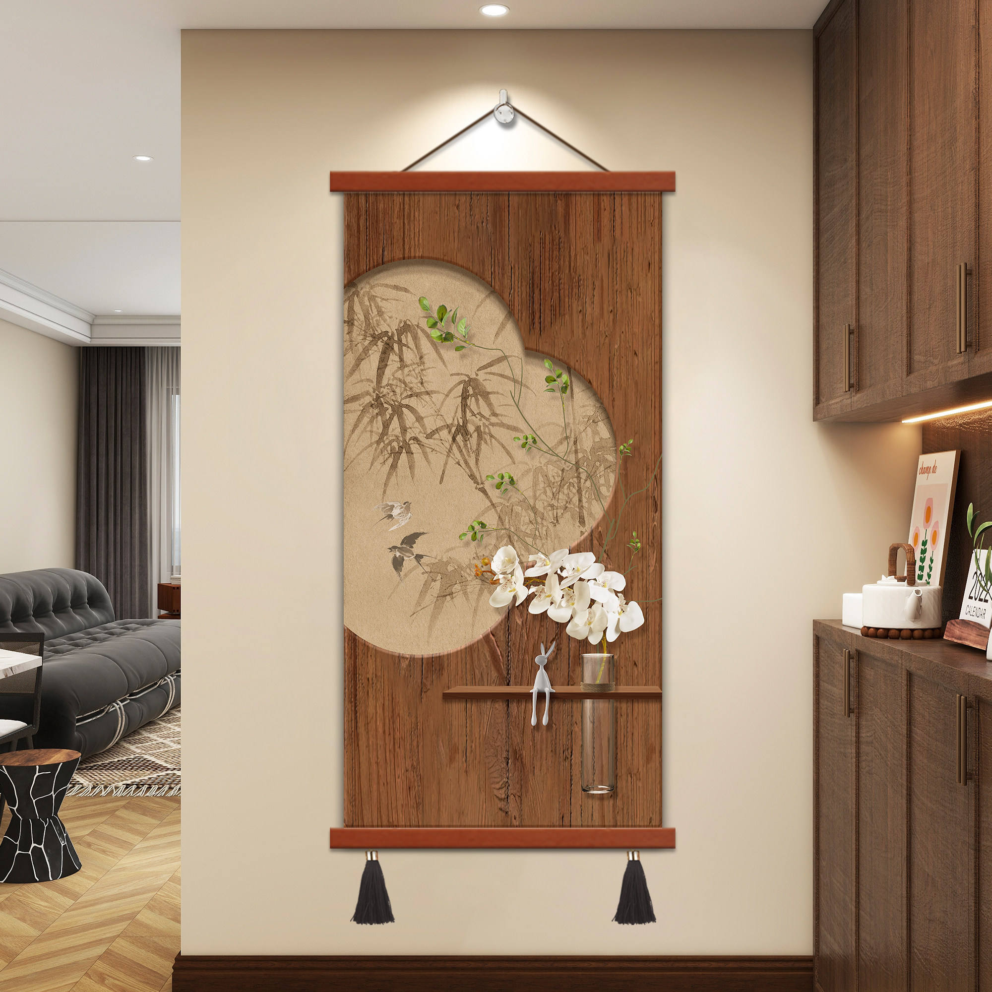 中古风玄关装饰画宋代美学法式造景水培绿植客厅走廊过道入户挂画