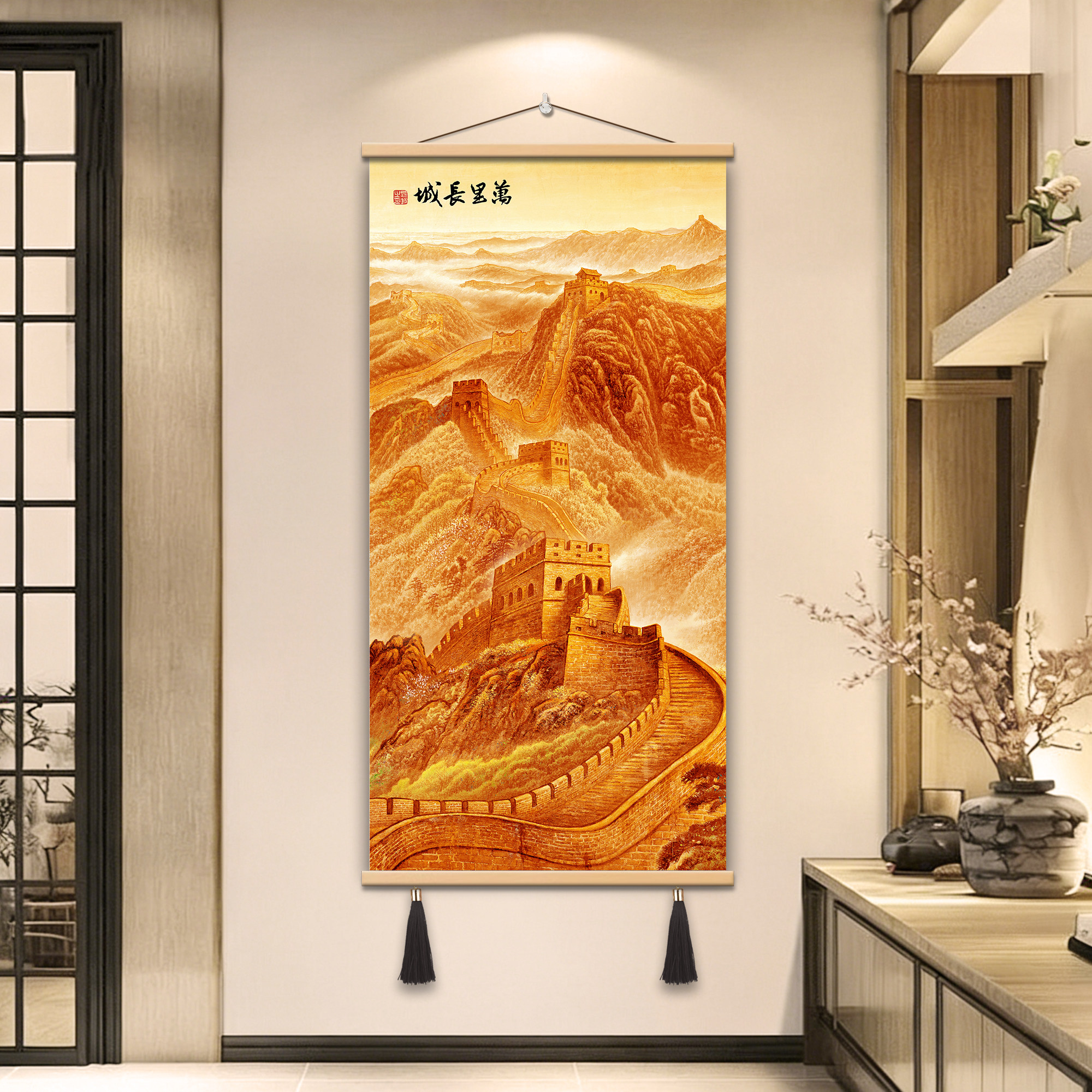 中式万里长城装饰画客厅卧室挂画高清油画布流苏装饰画