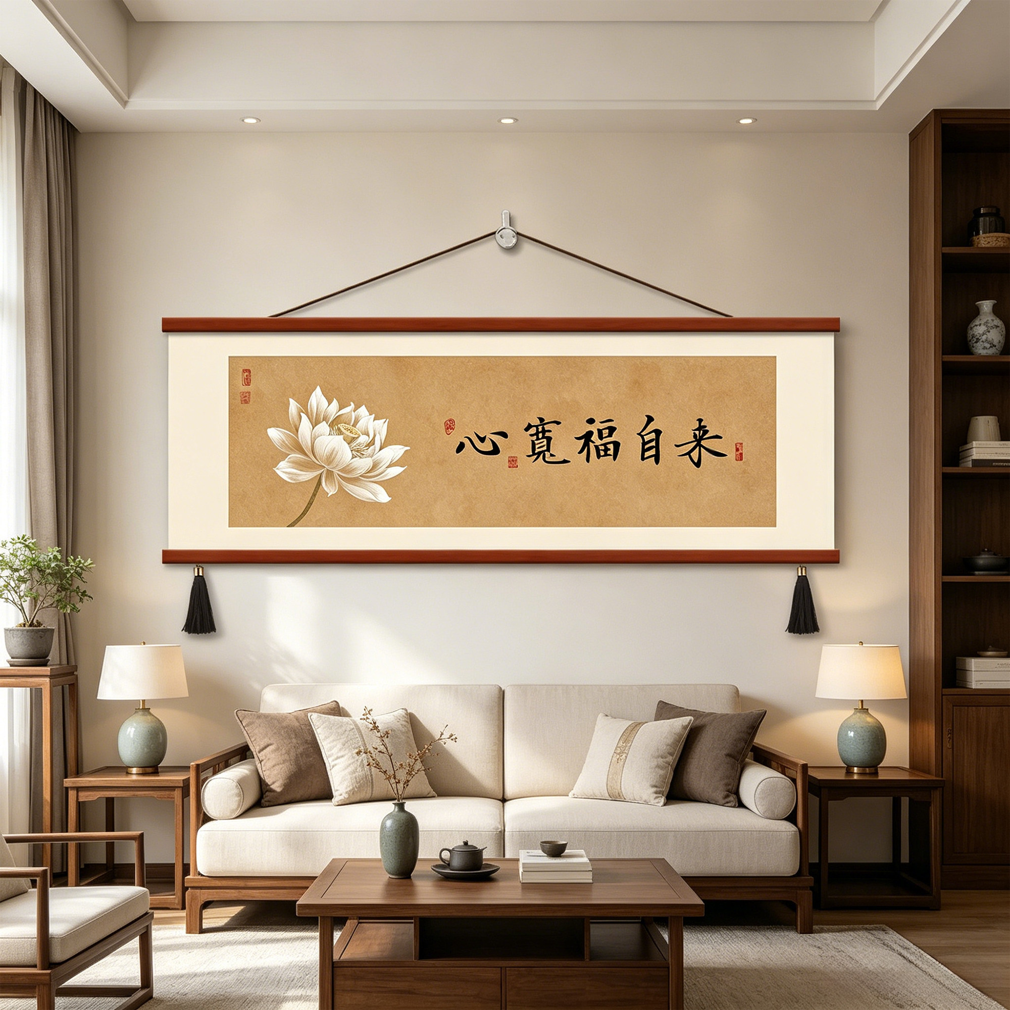心宽福自来挂画横版卧室墙画装饰画宋氏美学主卧床头壁画书法字画图片