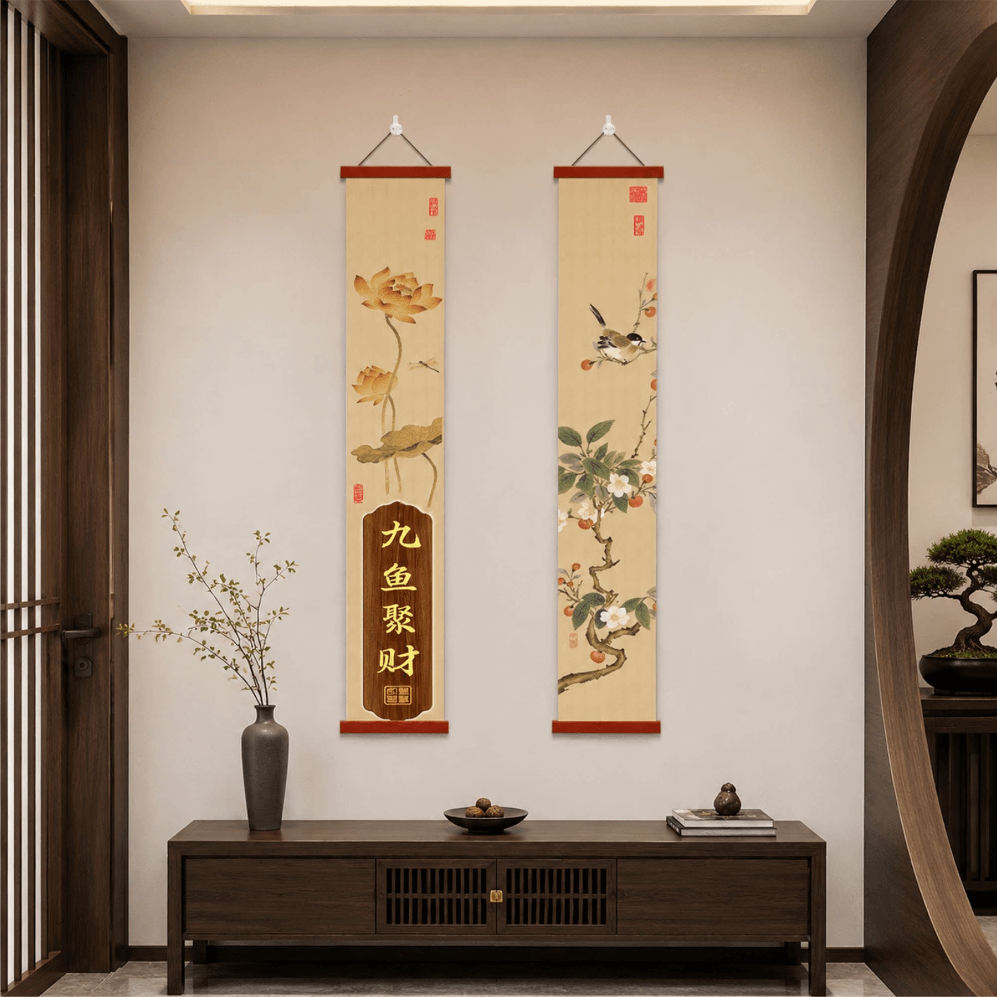 轻奢新中式玄关走廊九鱼聚财花鸟荷花装饰画家用茶室书房竖版挂画