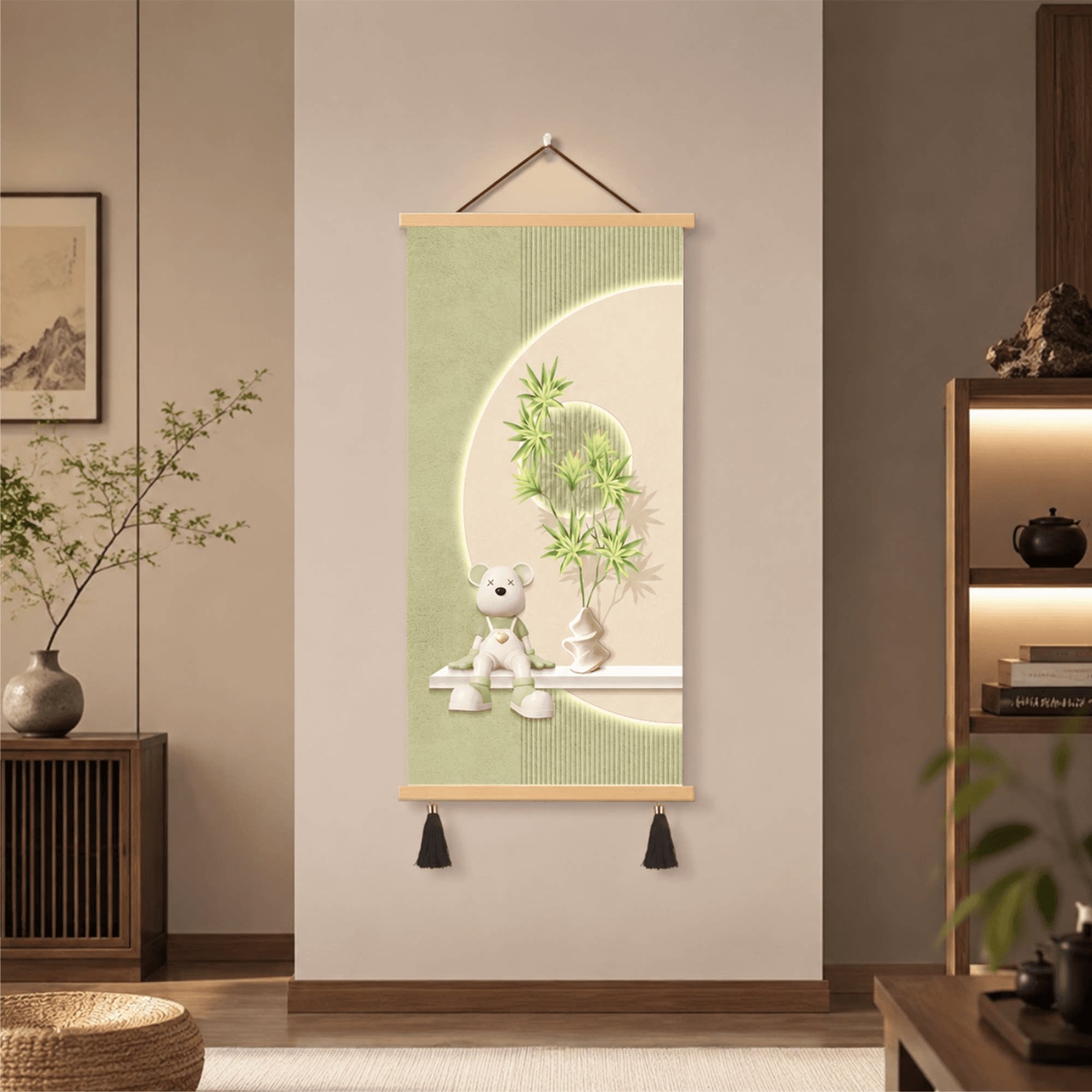 现代轻奢奶油风玄关装饰画暴力熊绿植走廊过道高级感卧室客厅墙面
