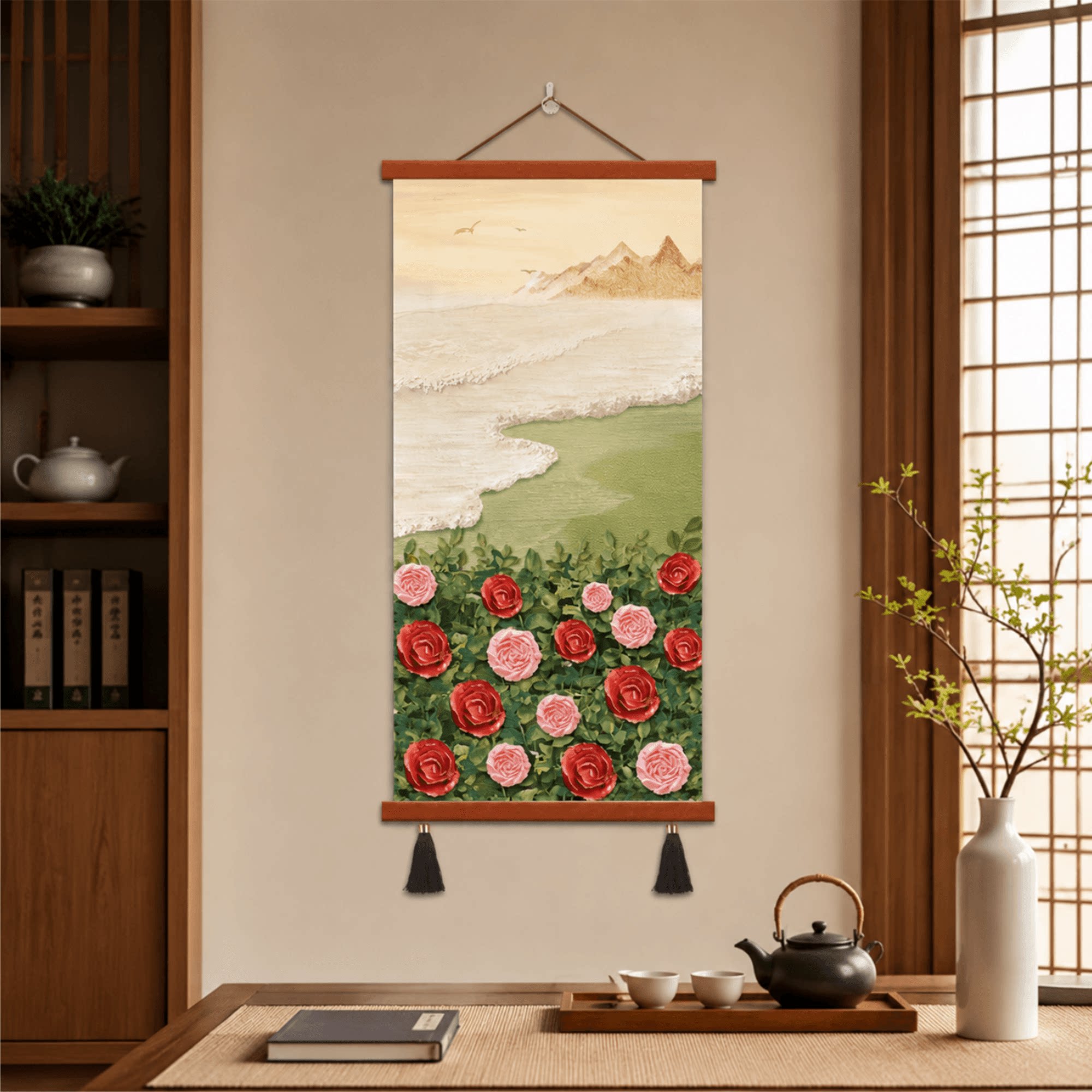 新中式奶油风玫瑰海景立体肌理装饰画客厅卧室茶室玄关墙面挂饰品
