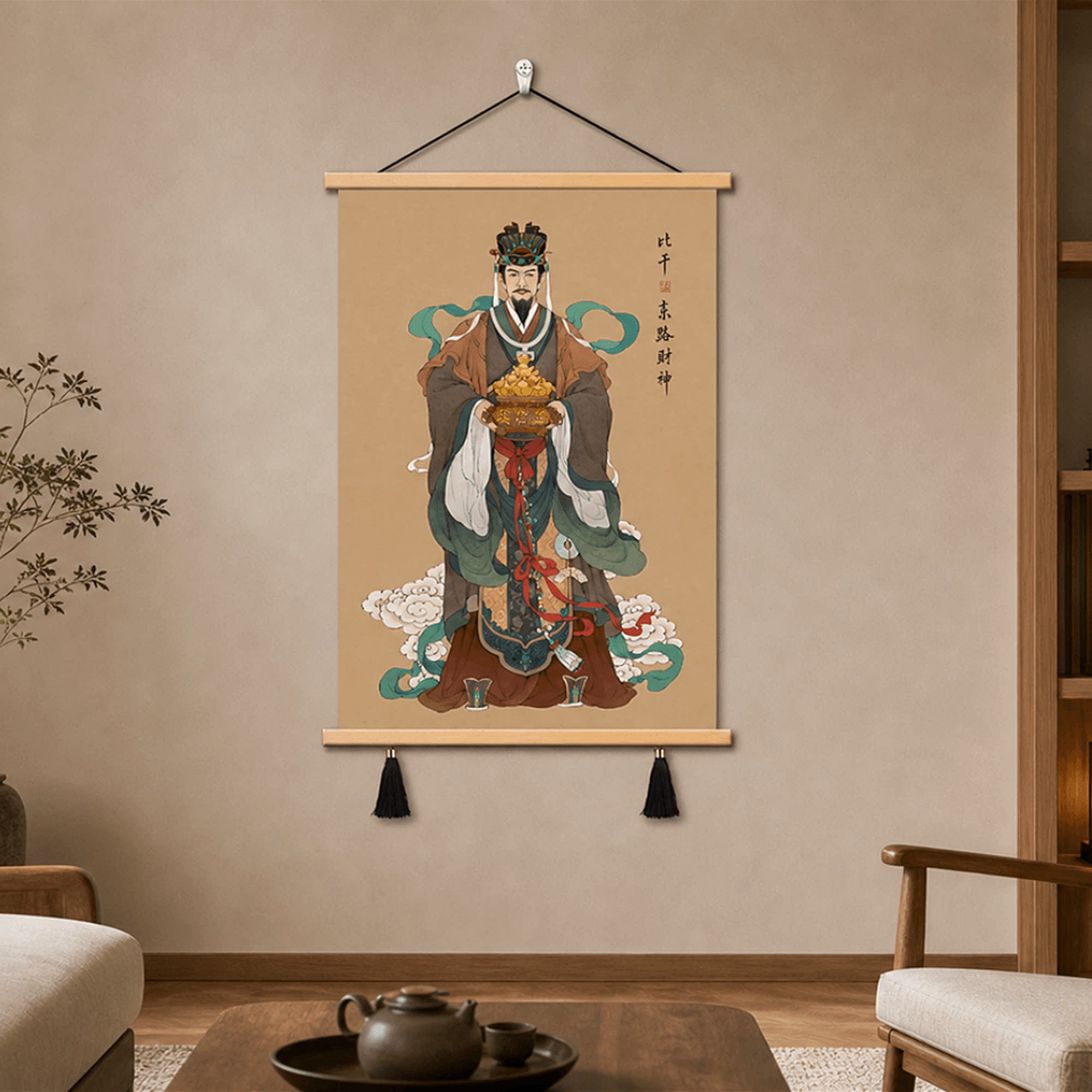 新中式比干东路财神画像玄关客厅书房招财装饰挂画墙面壁饰家用品