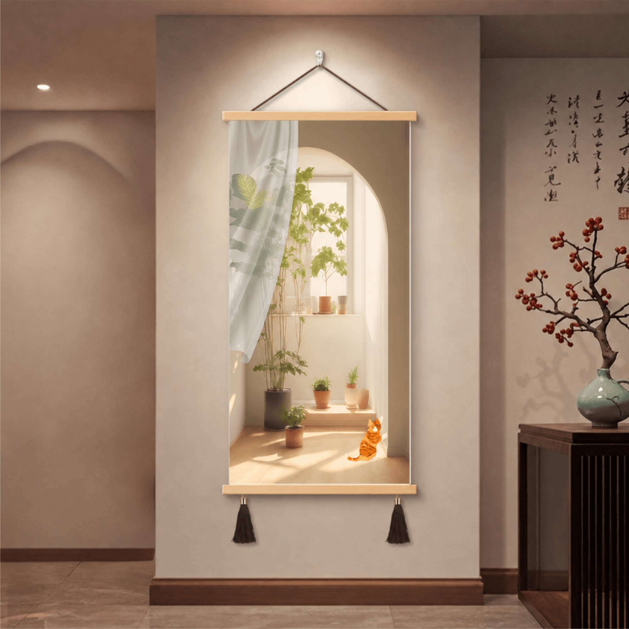新中式玄关挂画温馨绿植猫咪拱形窗阳光客厅走廊墙面轻奢风格装饰