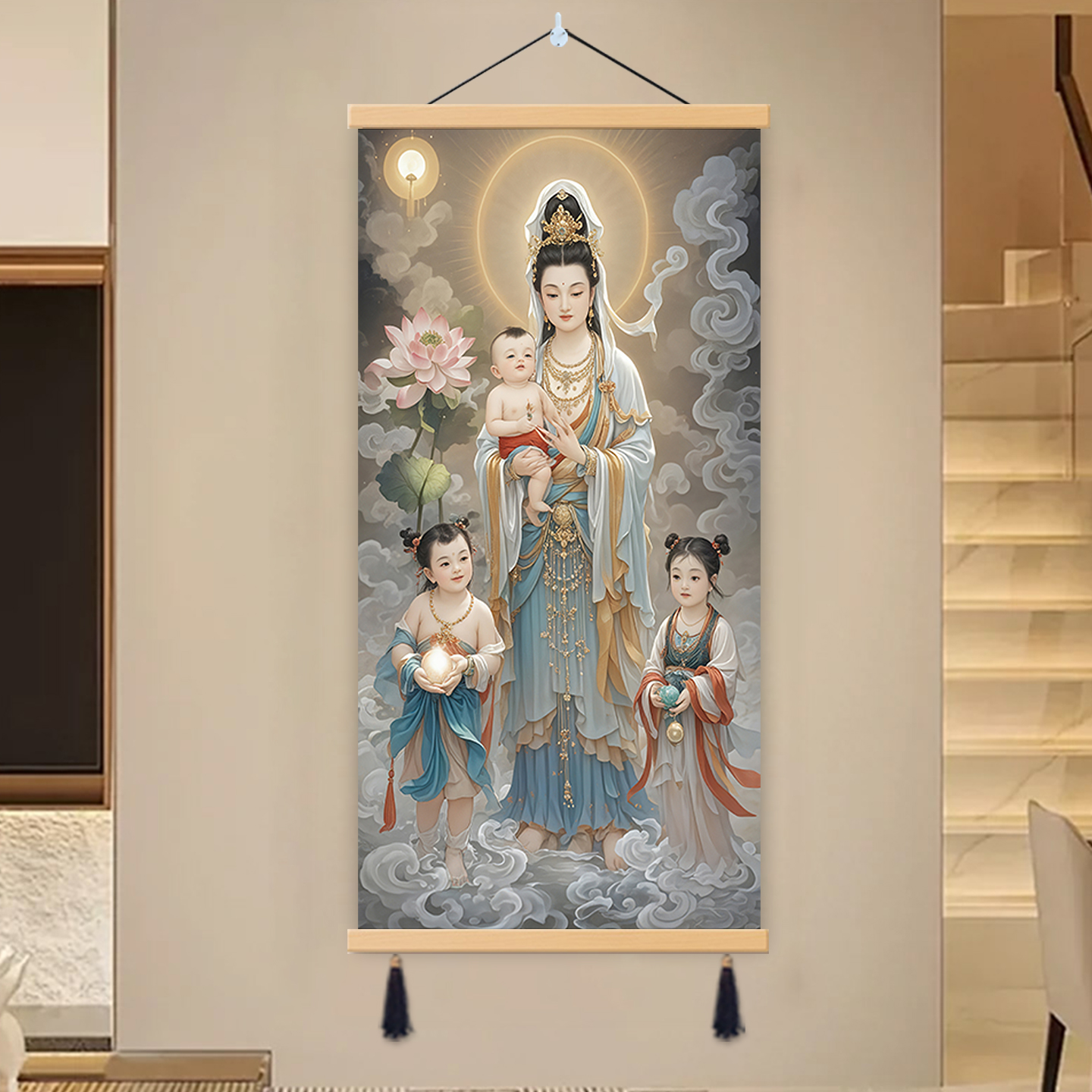 送子观音挂画卷轴求子送子娃娃五子观音图中式结缘装饰画壁画